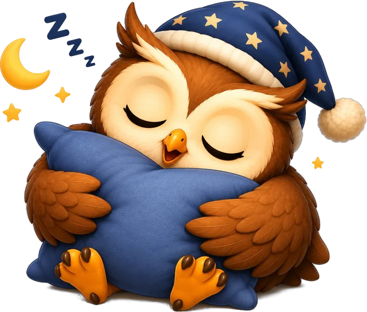 The GUFO owl asleep on a pillow, in a starry nightcap